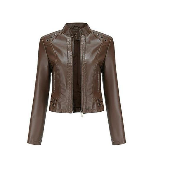 IROINNID Women's Faux Leather Jacket Stand Collar Solid Color Long Sleeve Comfy Slim Stand Zip Motorcycle Suit Belt Coat Jacket Tops, Coffee
