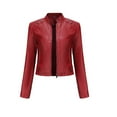 thumbnail image 1 of IROINNID Women's Faux Leather Jacket Stand Collar Solid Color Long Sleeve Comfy Slim Stand Zip Motorcycle Suit Belt Coat Jacket Tops, Red, 1 of 6