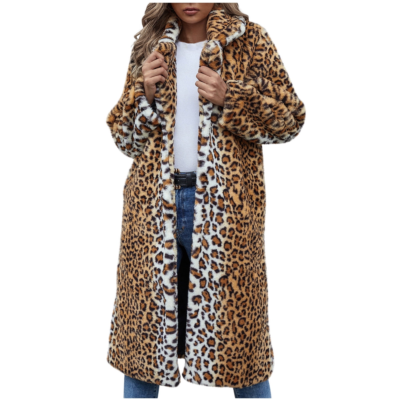 IROINNID Women's Faux-fur Coat Turndown Lapel Graphic Prints Long