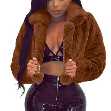 IROINNID Women's Faux-fur Jacket Long Sleeve Solid Color Outwear, Comfy Jacket Fluff Fleece Turn-Down Collar Faux-furs Short Jacket