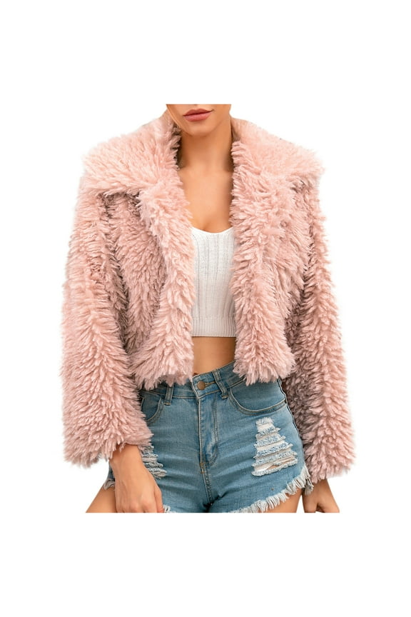 Women's Faux-fur Jacket Long Sleeve Solid Color Turndown Lapel Outwear, Loose Winter Lapel Warm Faux-furry Faux Jacket Outerwear