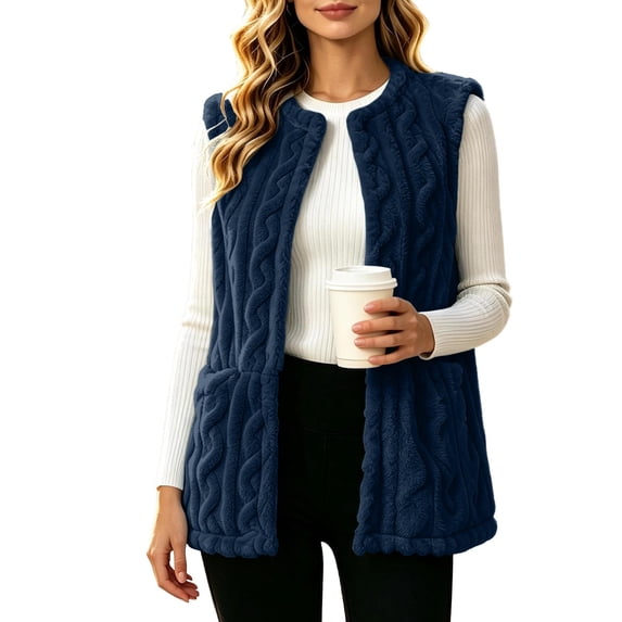 IROINNID Women's Fleece Vest Open Front Cable Knit Sleeveless Cardigan Coat with Pockets for Cozy Fall Winter Layering and Everyday Wear