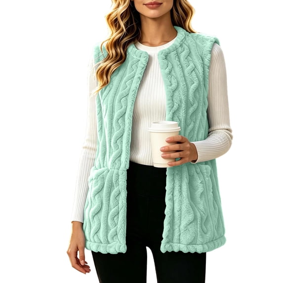 IROINNID Women's Fleece Vest Open Front Cable Knit Sleeveless Cardigan Coat with Pockets for Cozy Fall Winter Layering and Everyday Wear