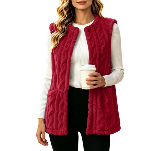 IROINNID Women's Fleece Vest Open Front Cable Knit Sleeveless Cardigan Coat with Pockets for Cozy Fall Winter Layering and Everyday Wear