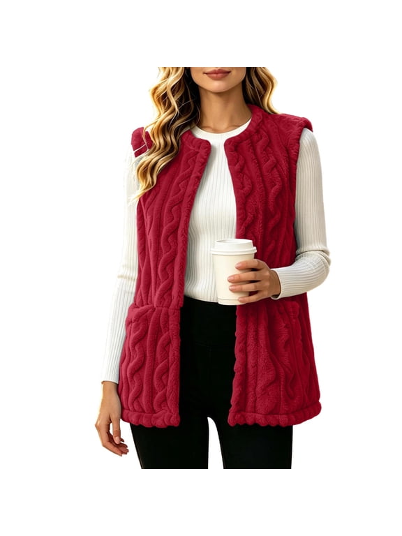 Women's Fleece Vest Open Front Cable Knit Sleeveless Cardigan Coat with Pockets for Cozy Fall Winter Layering and Everyday Wear