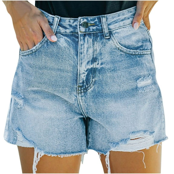 IROINNID Women's Frayed Hem Elastic Streetwear Shorts Casual Loose Denim Shorts With Pocket