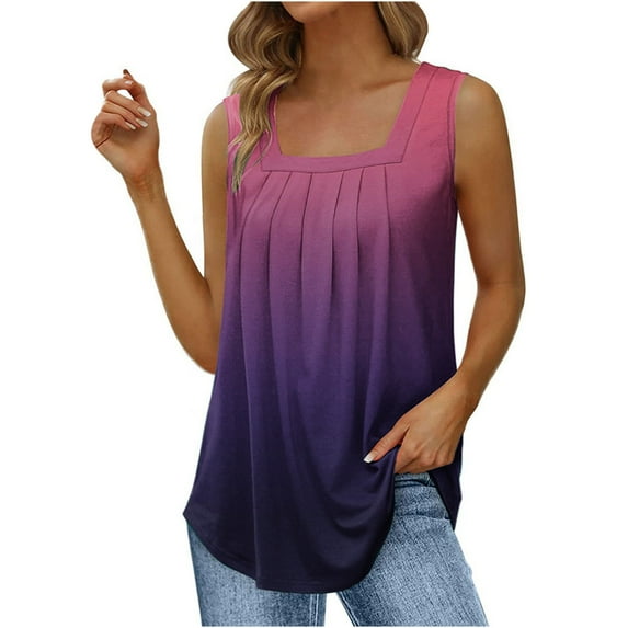 IROINNID Women's Gradient Fashion Tunic Tops V-neck Comfy Pleated Sleeveless Casual Tops