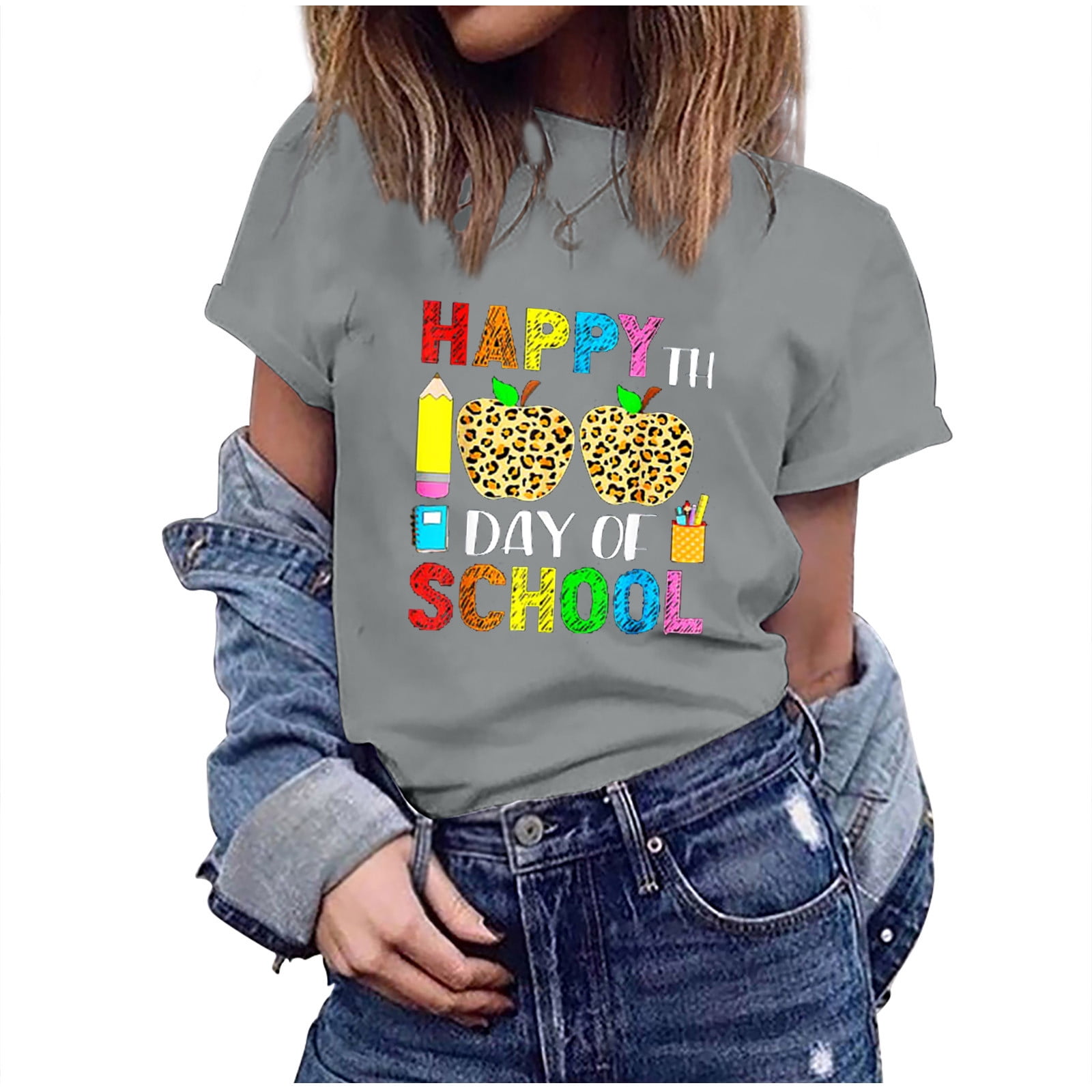 IROINNID Women's Happy 100th Day Of School Printed T-shirt Short Sleeve ...