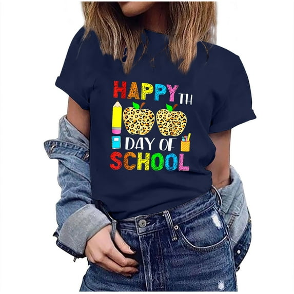 IROINNID Women's Happy 100th Day Of School Printed T-shirt Short Sleeve Casual Tops