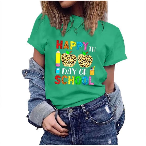 IROINNID Women's Happy 100th Day Of School Printed T-shirt Short Sleeve Casual Tops