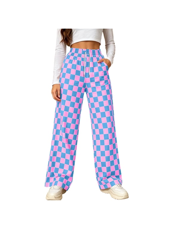 Women's High Waisted Checkered 3D Print Wide Leg Pants with Pockets Drawstring Elastic Waist Loose Fit Trendy Streetwear Casual Full Length Trousers.