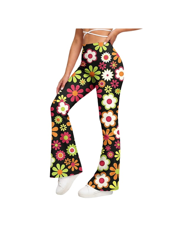 Women's High Waisted Floral Print Flare Leggings with Pockets Stretchy Bootcut Yoga Pants Retro 70s Style Athletic Workout Full Length Tights.