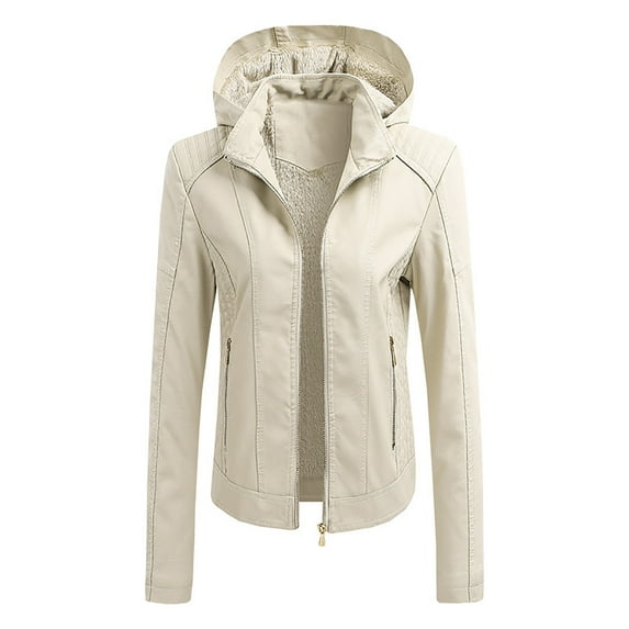 IROINNID Women's Hooded Faux Leather Jacket Solid Color Long Sleeve Loose Sweatshirt Button Slim Zipper Bomber Jacket Warm Coat Jacket, Beige