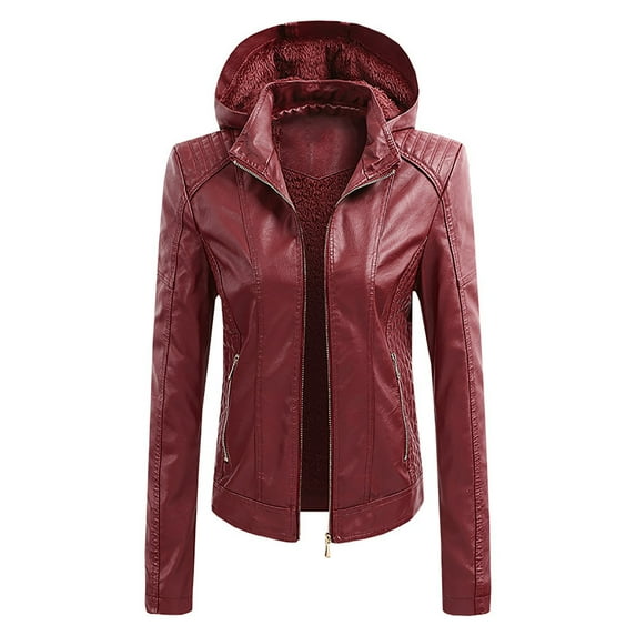 IROINNID Women's Hooded Faux Leather Jacket Solid Color Long Sleeve Loose Sweatshirt Button Slim Zipper Jacket Warm Coat Jacket, Red