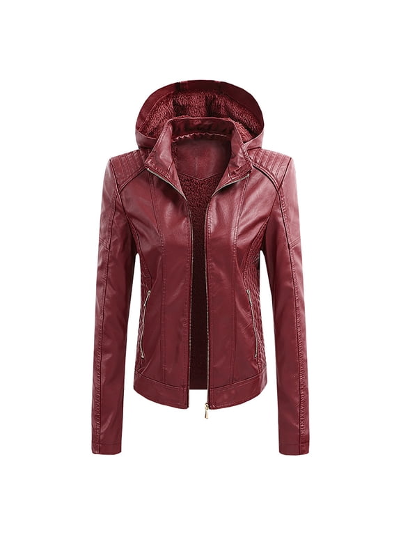 Women's Hooded Faux Leather Jacket Solid Color Long Sleeve Loose Sweatshirt Button Slim Zipper Jacket Warm Coat Jacket, Red