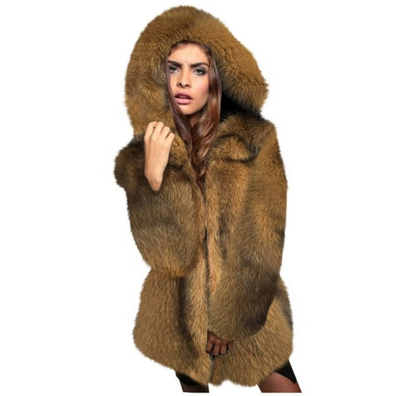 IROINNID Women's Hooded Faux-fur Coat Solid Color Long Sleeve Casual Zipper Pocket And Tops, Khaki