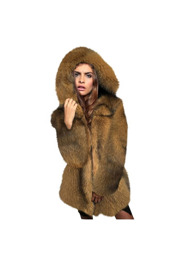 Women's Hooded Faux-fur Coat Solid Color Long Sleeve Casual Zipper Pocket And Tops, Khaki