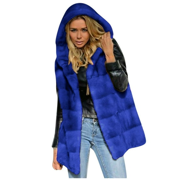 IROINNID Women's Hooded Faux-fur Coat Solid Color Long Sleeve Loose - Gilet Waistcoat Body Jacket Coat Outerwear Tops, Blue