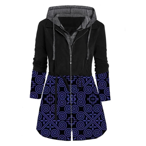 IROINNID Women's Hooded Parka Coat Print Long Sleeve Warm Autumn And Winter Splicing Drawstring Suit Cardigan Coat Tops Windbreaker, Black