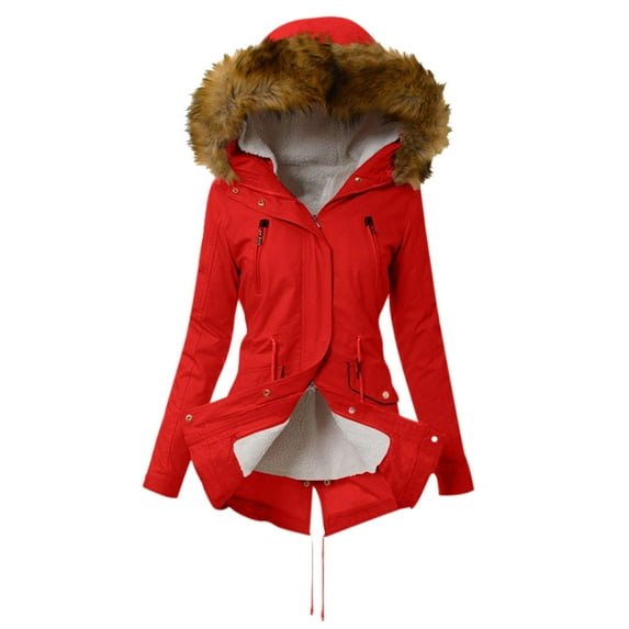 IROINNID Women's Hooded Parka Coat Solid Color Long Sleeve Warm Ladies Warm Jacket Winter Woolen Outerwear, Red