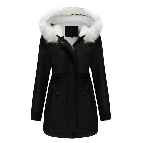 IROINNID Women's Hooded Parka Coat Solid Color Long Sleeve Warm Long Jacket Winter Outerwear Coats, Black