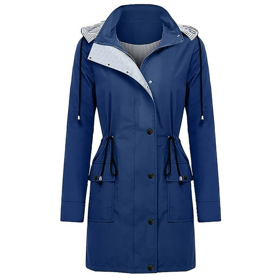 IROINNID Women's Hooded Parka Coat Solid Color Long Sleeve Warm Rain Jacket Outdoor Plus Size Waterproof Windproof Loose Coat, Blue