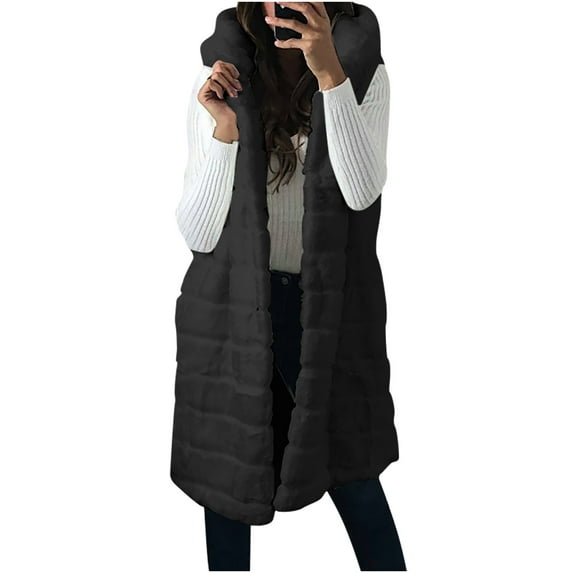 IROINNID Women's Hooded Puffer Coat Solid Color Long Sleeve Warm - Gilet Waistcoat Body Long Jacket Coat Outerwear, Black