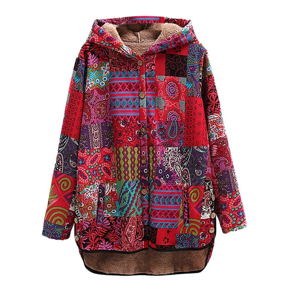 IROINNID Women's Hooded Winter Jacket Coat Print Long Sleeve Warm Loose Plus Velvet Coat Tops, Red