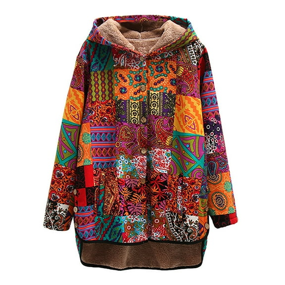 IROINNID Women's Hooded Winter Jacket Coat Print Long Sleeve Warm Loose Plus Velvet Coat Tops, Yellow