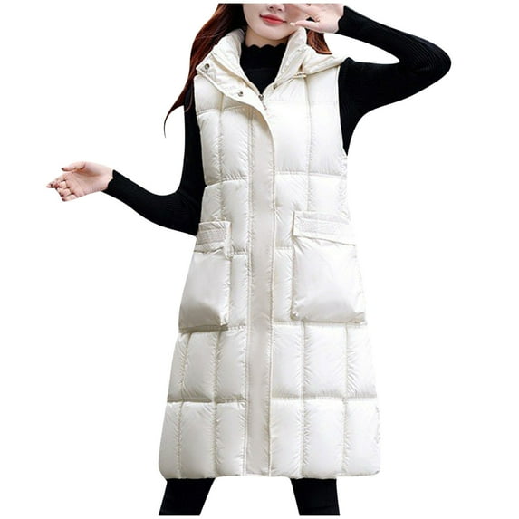 IROINNID Women's Hooded Winter Jacket Coat Solid Color Long Sleeve Warm Winter Keep Warm Top Outerwear Thickening Coat Vest Above Knee , White