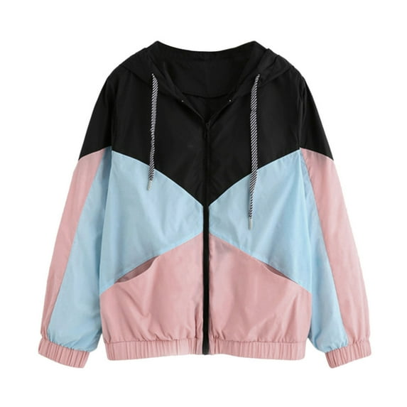 IROINNID Women's Hooded Zip Up Jacket Contrast Color Long Sleeve Loose Patchwork Zipper Pockets Casual Sport Coat Outerwear Top, Black