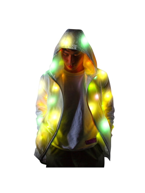 Women's Hooded Zip Up Jacket Graphic Prints Long Sleeve Casual Men LED Colorful Glowing Jacket Coat Luminous Clothing, White