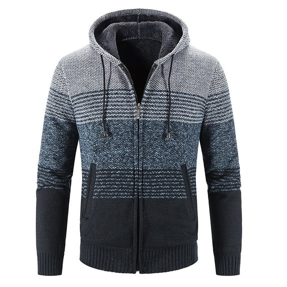 IROINNID Women's Hooded Zip Up Jacket Stripes Long Sleeve Loose Fleece Thick Stripe Color Matching Sweater Coat Gradient Casual Men's, Navy