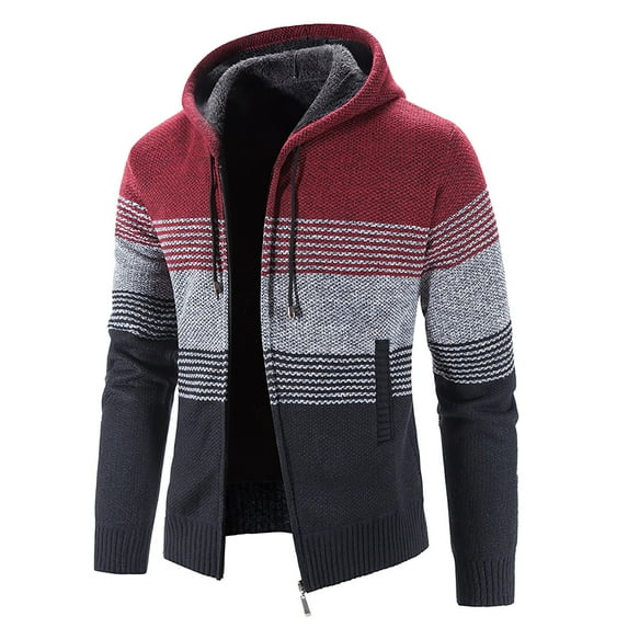 IROINNID Women's Hooded Zip Up Jacket Stripes Long Sleeve Loose Fleece Thick Stripe Color Matching Sweater Coat Gradient Casual Men's, Red