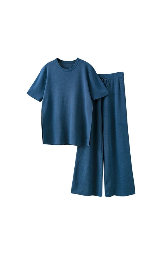Women's Ice Silk Homewear Elbow Sleeve Shirt with Wide Leg Pants Two Piece Suit Pajamas Loose Homewear