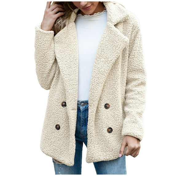 IROINNID Women's Jacket Shearling Jacket Notch Lapel Solid Color Long Sleeve Casual Ladies Warm Jacket Winter Lamb Woolen Outerwear, Beige
