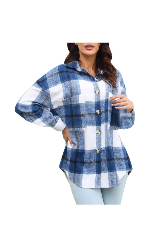 Women's Jacket Shearling Jacket Turndown Lapel Plaid Long Sleeve Comfy Lattice Recreational Tops, Blue