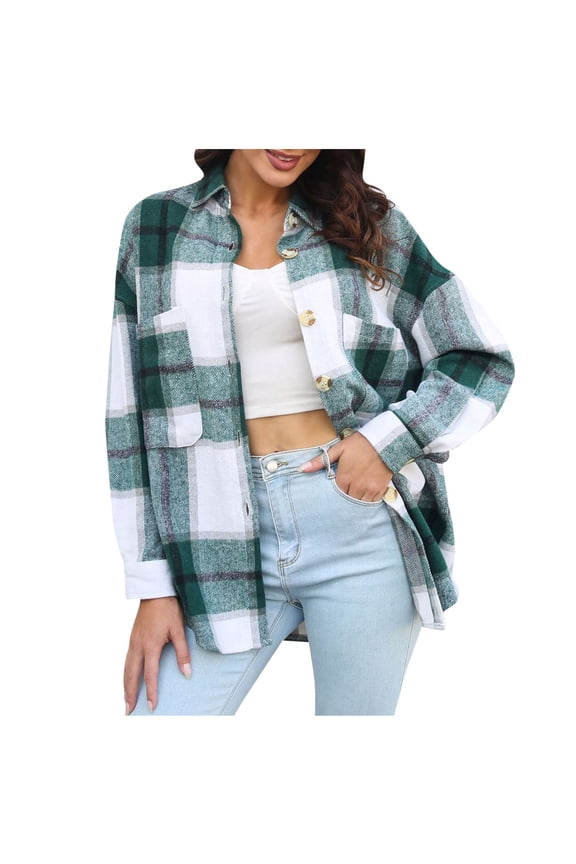 Women's Jacket Shearling Jacket Turndown Lapel Plaid Long Sleeve Comfy Lattice Recreational Tops, Green