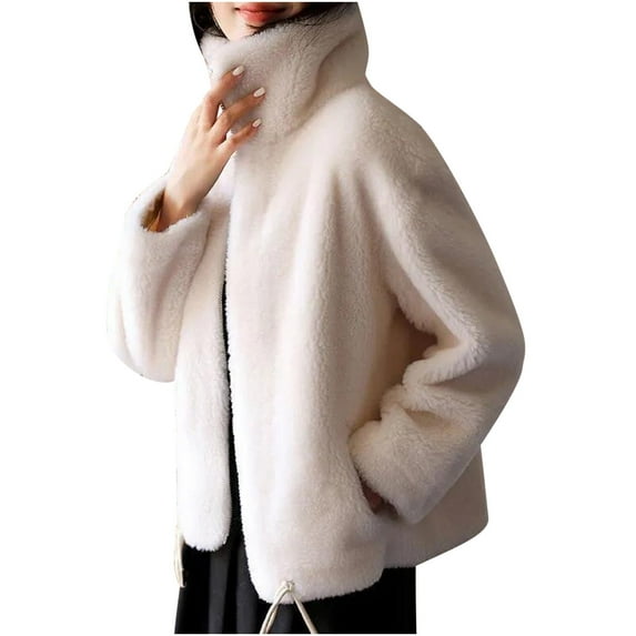 IROINNID Women's Jacket Shearling Jacket Turndown Lapel Solid Color Long Sleeve Loose Coral Zipper Sweater, Plush Thickened Double-sided Warm High Coat, White