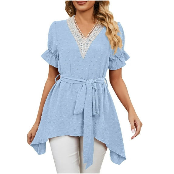 IROINNID Women's Jacquard Solid Color Comfortable Loose Ruffle Sleeve Casual V-Neck Bandage Tops Spring