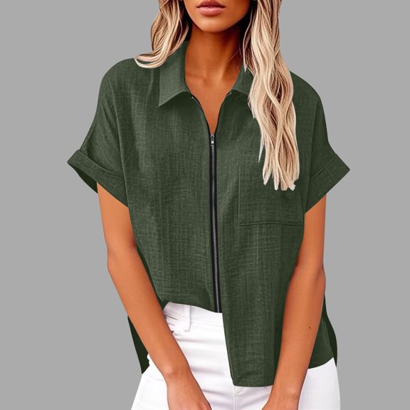 IROINNID Women's Lapel Short Sleeve Loose Zipper Cotton And Linen Tunic Summer Work Clothes Shirt Blouse(Army Green#1,)