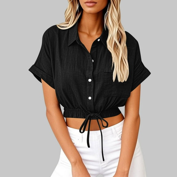 IROINNID Women's Lapel Short Sleeve Work Blouse Cotton Linen Tunic Summer Office Wear Loose Fits Fashion Tops(Black#1,L)