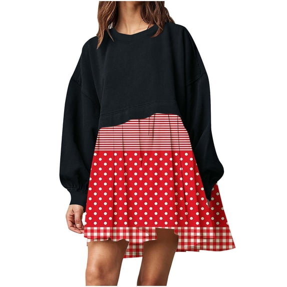IROINNID Women's Large Size Long Lantern Sleeve Short Dress Crewneck Tie Waist Knit Cocktail Dress