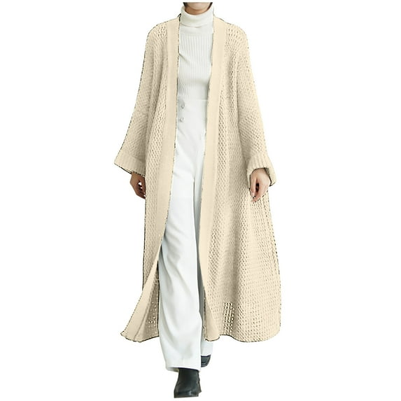 IROINNID Women's Leisure Long Solid Color Cardigan Long Sleeve Outwear, Beige