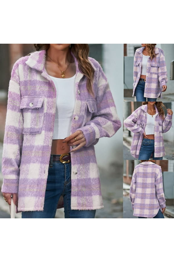 Women's Leisure Mid-Length Jacket Plaid Shacket Long Sleeve Outwear, Purple