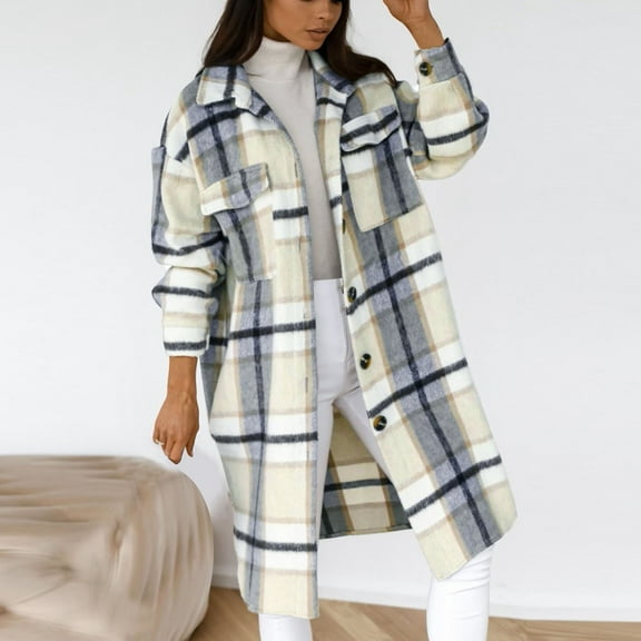 IROINNID Women's Leisure Mid-Long Jacket Turndown Lapel Plaid Shacket Long Sleeve Outwear, Yellow