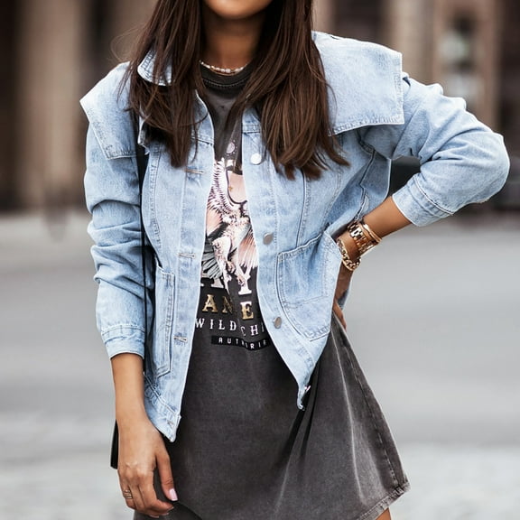 IROINNID Women's Leisure Short Coat Turndown Lapel Solid Color Denim Jacket Long Sleeve Outwear, Blue