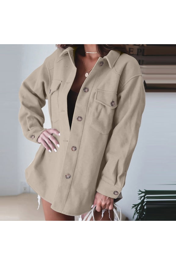 Women's Leisure Short Jacket Solid Color Shacket Long Sleeve Outwear, Beige