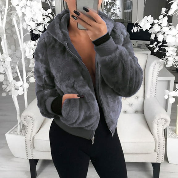 IROINNID Women's Leisure Short Jacket Solid Color Zip Up Long Sleeve Outwear, Dark Gray