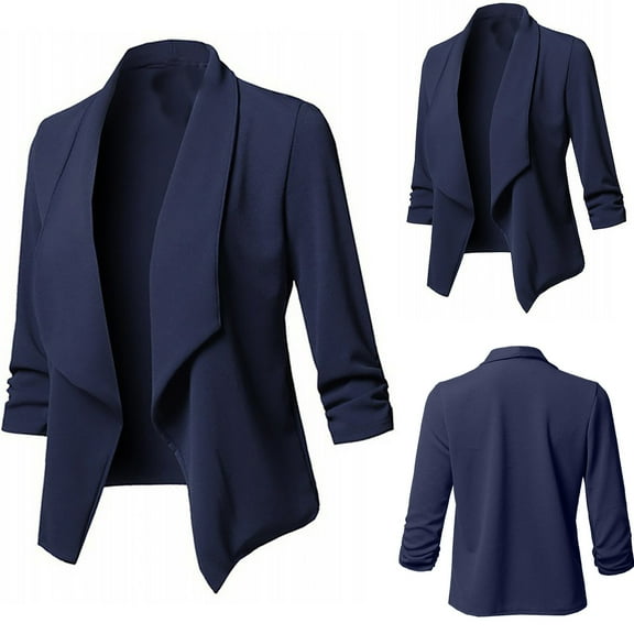 IROINNID Women's Leisure Short Jacket Turndown Lapel Solid Color Blazer 3/4 Sleeve Outwear, Navy